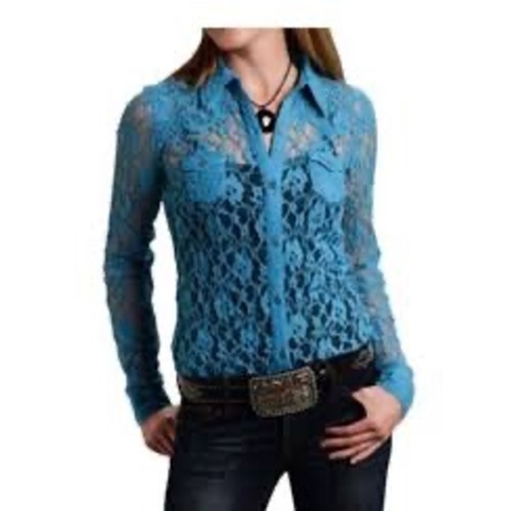 Roper Womens Turquoise Blue Floral Lace Western Button Down Shirt XS 03-050-0565